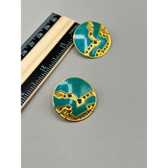 Berebi Earrings Gold Tone and Teal Blue Enamel Pierced Round Stud Earrings - Picture 6 of 6